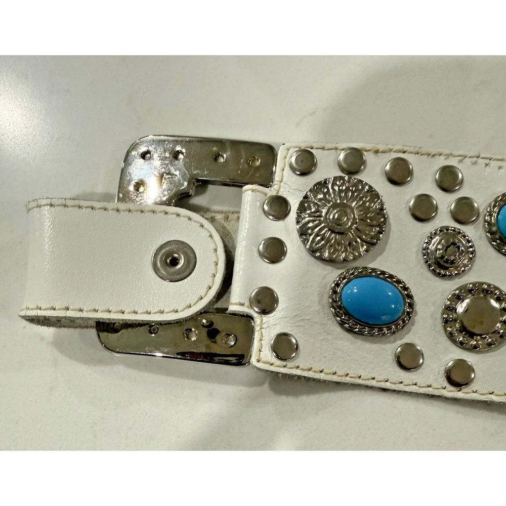 Rare Vintage White Leather Turquoise & Medallion Belt Womens OSFM Southwest